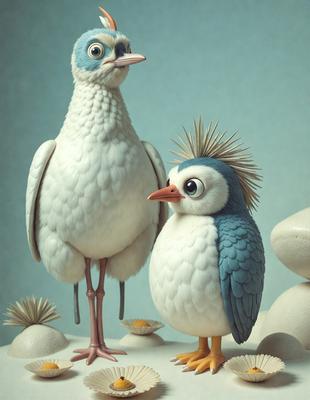 The primary subject of the image is a small blue and white bird standing next to a larger white bird. The setting is a rocky environment, with the birds standing on a rocky surface. The visual style of the image is a digital art or illustration, as the birds are depicted in a detailed and realistic manner. The colors and mood of the image are predominantly blue and white, giving the scene a calm and serene atmosphere.